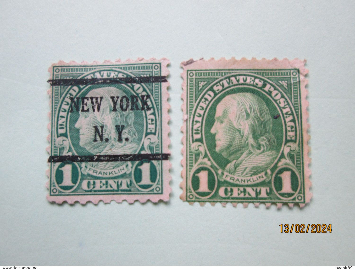 2 TIMBRES USA 1922/1925 BENJAMIN FRANKLIN GRENN 1 CENT VERT SURCHARGE NEW YORK  CHARNIERE OBLITERES - Usados