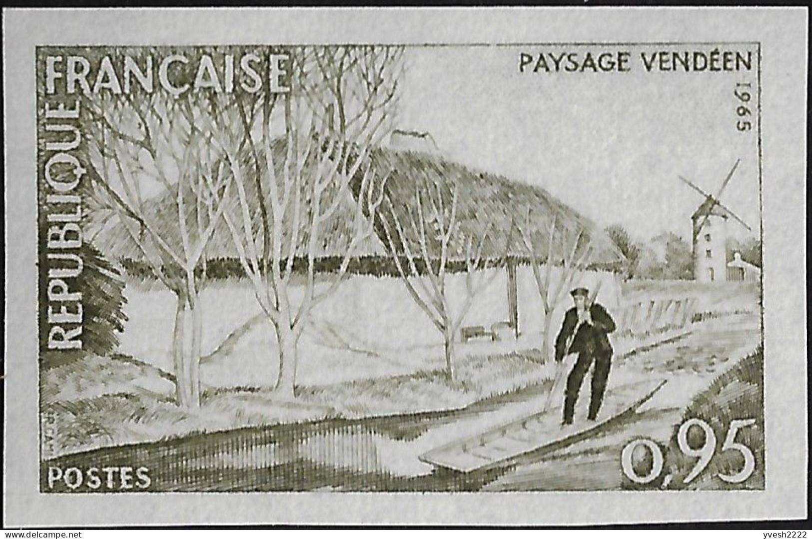 France 1965 Y&T 1439. Paysage Vendéen. Canal, Embarcation, Moulin à Vent, Moulin De La Sablière, Essai De Couleurs - Molens