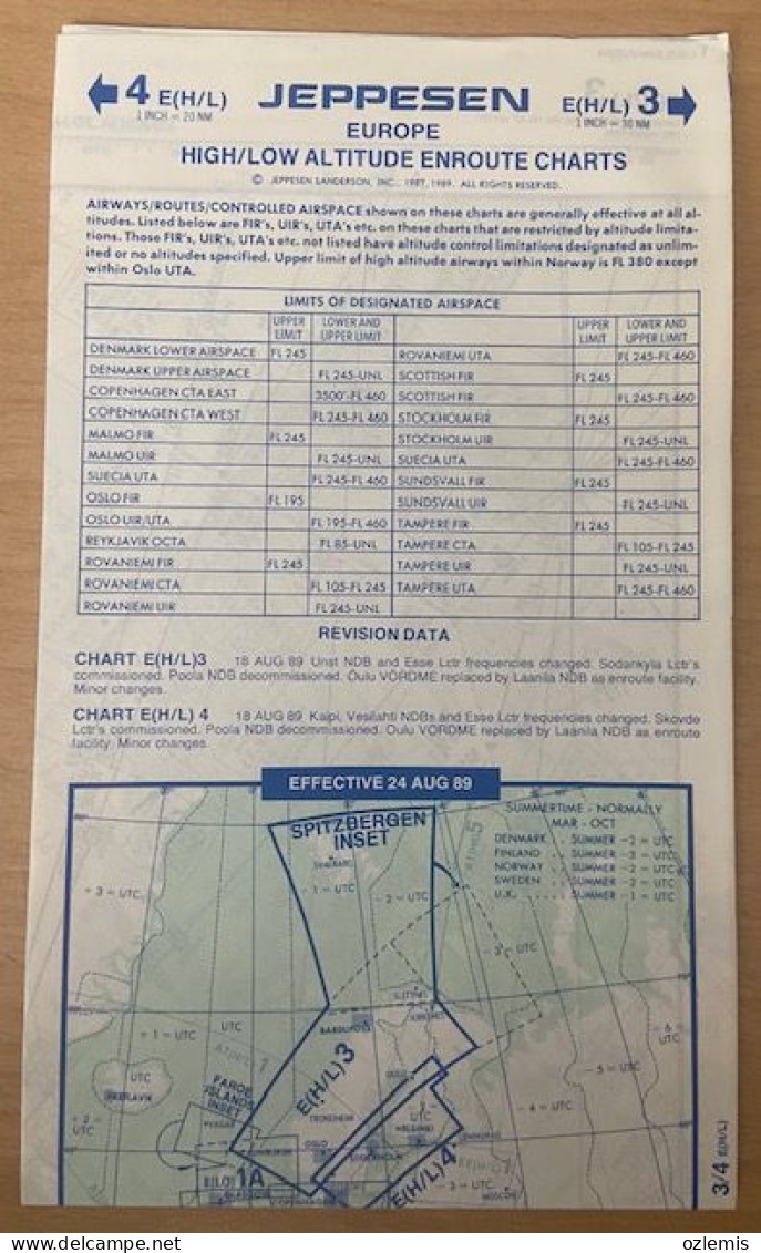 AIRPLANE FLIGHT PLAN ,JEPPESEN ,EUROPE ,HIGH/LOW ALTITUDE ENROUTE CHARTS,EFFECTIVE 24 AUG 89 - Other & Unclassified