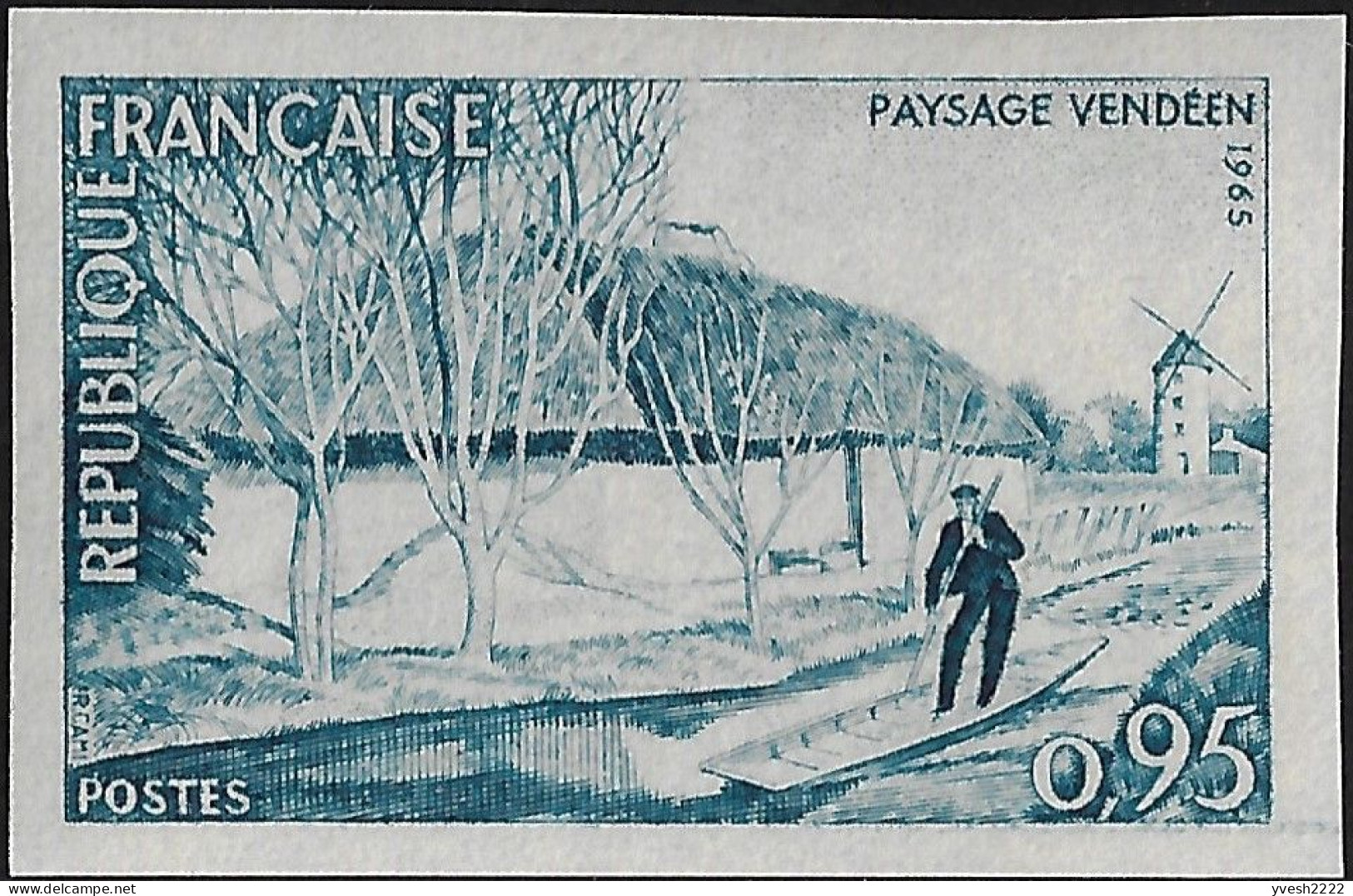 France 1965 Y&T 1439. Paysage Vendéen. Canal, Embarcation, Moulin à Vent, Saint Jean De Monts, Essai De Couleurs - Mühlen