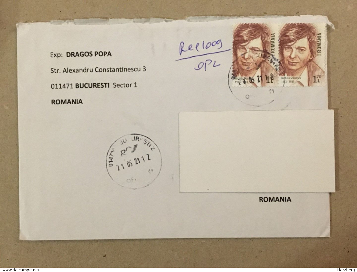 Romania Used Stationery Circulated Letter Philatelic Cover Stamp Nichita Stanescu Writer Poet Registered 2021 - Sonstige & Ohne Zuordnung