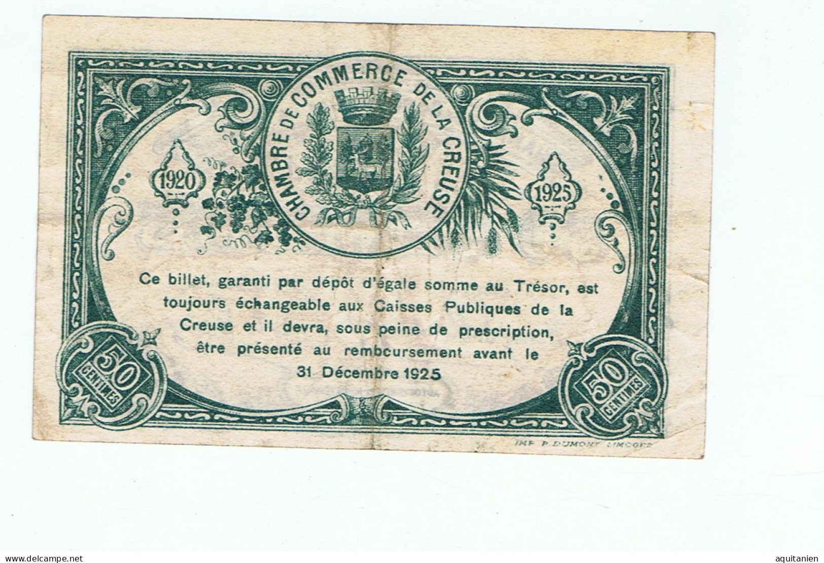 CC De La Creuse-50 Cts-1920 - Chambre De Commerce