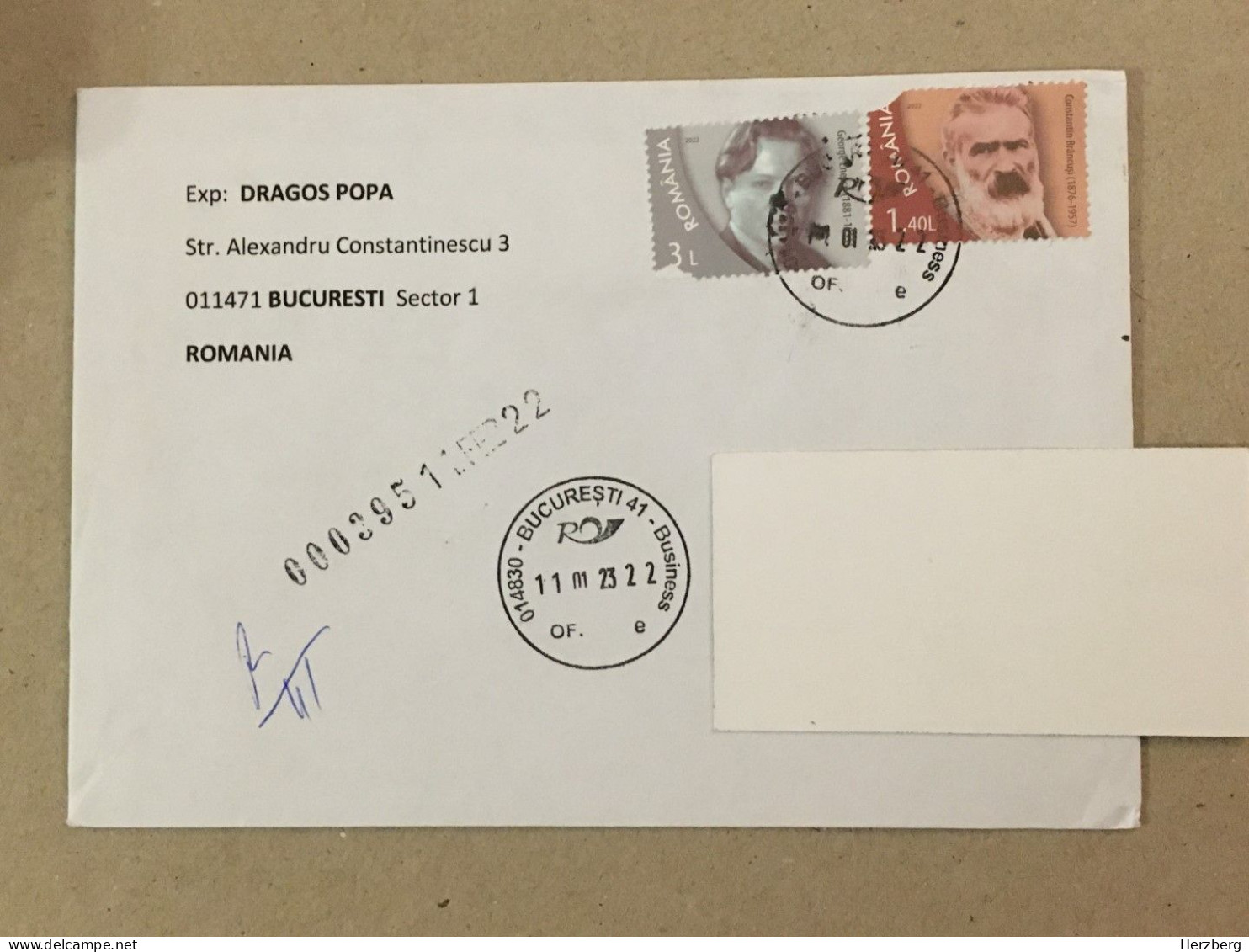 Romania Stationery Circulated Letter Philatelic Cover Stamp George Enescu Musician Constantin Brancusi Registered 2023 - Autres & Non Classés