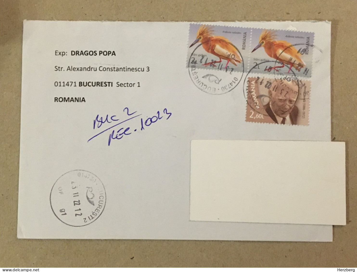 Romania Stationery Circulated Letter Philatelic Cover Stamp Henri Coanda Aeronautical Ingineer Birds Registered 2022 - Autres & Non Classés