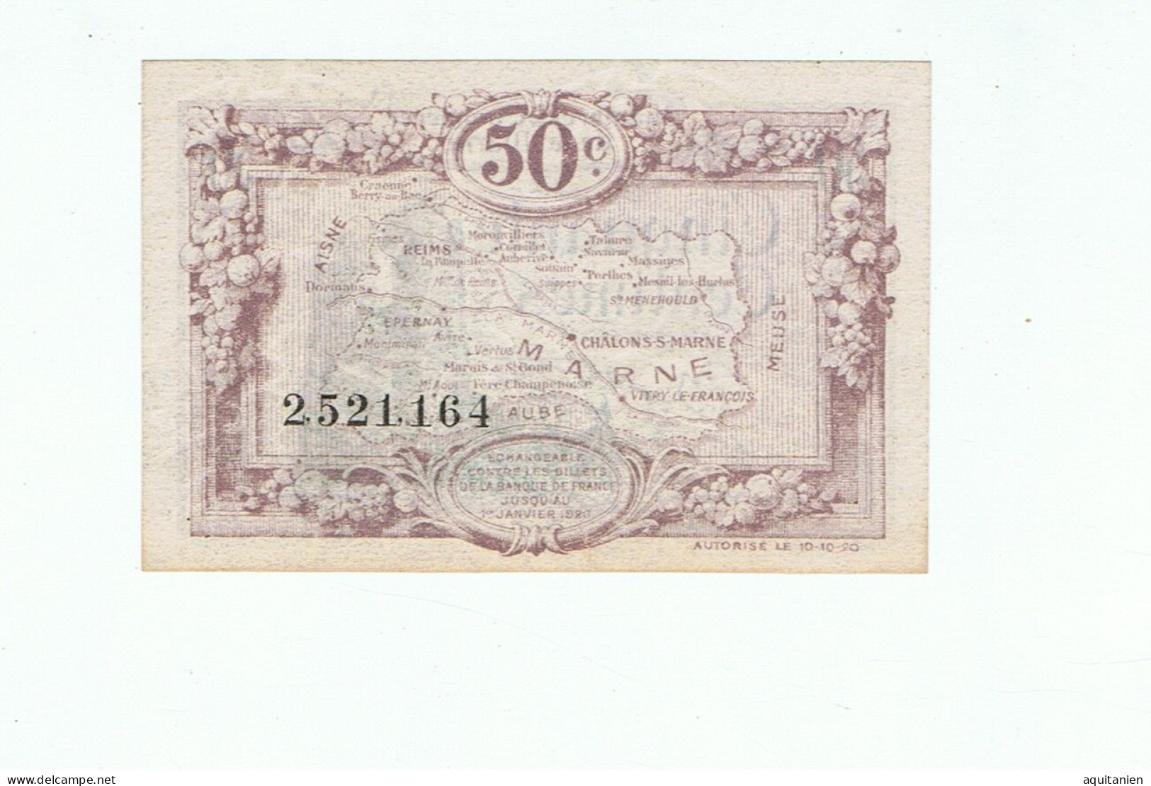 CC De La Marne-50 Cts-1920 - Chambre De Commerce