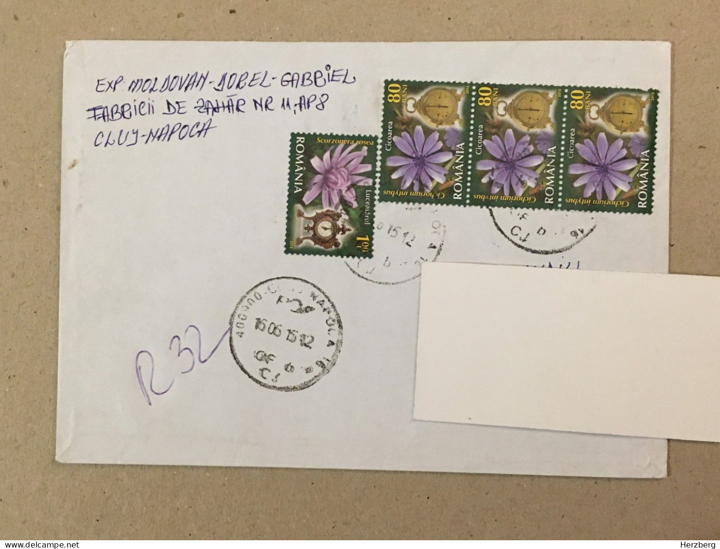 Romania Stationery Circulated Letter Philatelic Cover Stamp Registered Mantel Clock Flowers Fleurs Blumen 2015 - Sonstige & Ohne Zuordnung