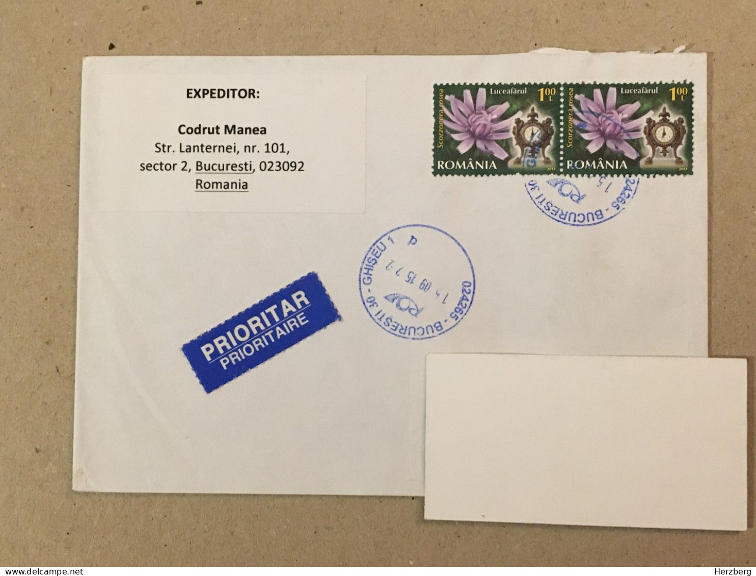 Romania Stationery Circulated Letter Philatelic Cover Stamp Registered Flowers Fleurs Blumen Mantel Clock 2015 - Sonstige & Ohne Zuordnung