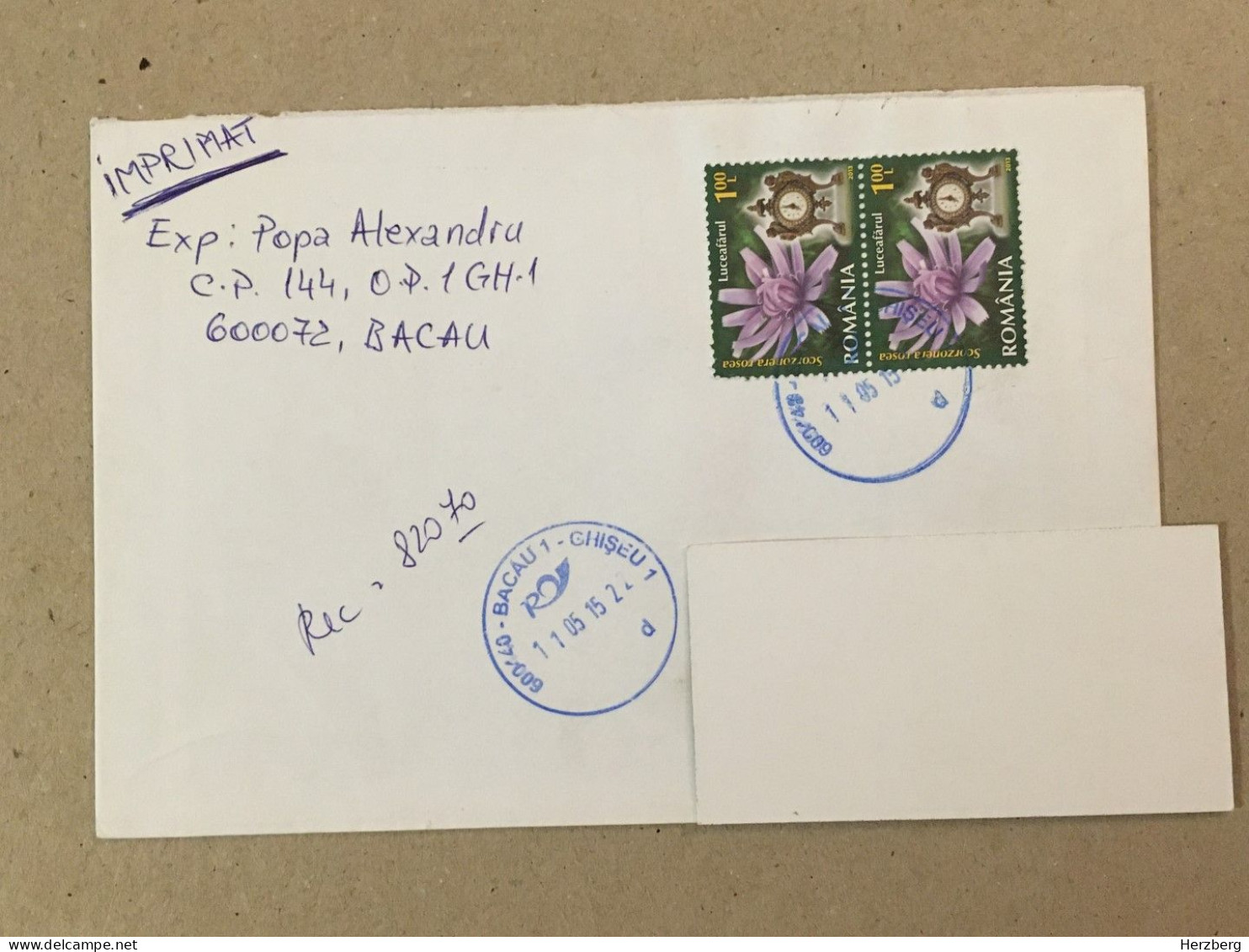 Romania Stationery Circulated Letter Philatelic Cover Stamp Registered Flowers Fleurs Blumen Mantel Clock 2015 - Sonstige & Ohne Zuordnung