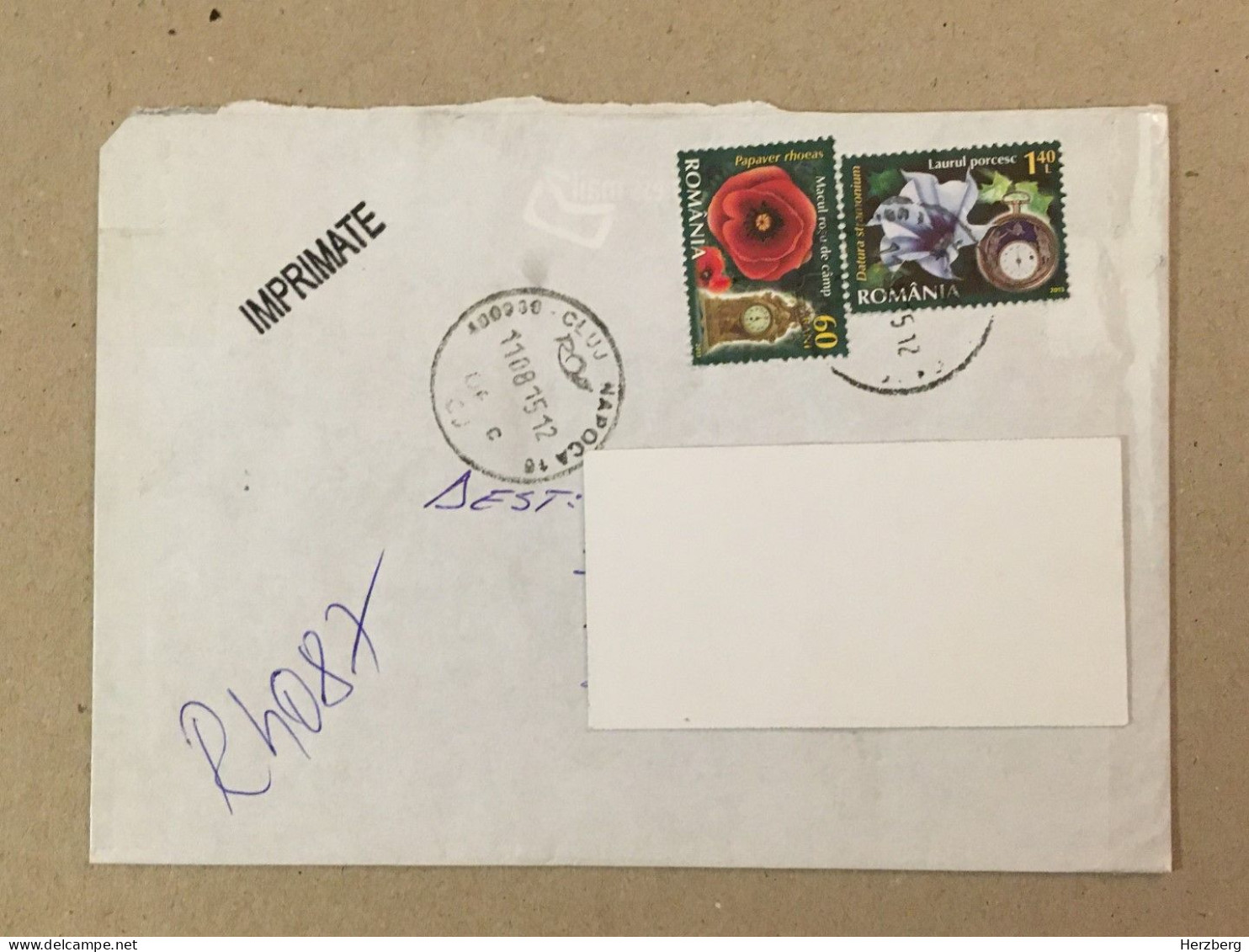 Romania Stationery Circulated Letter Philatelic Cover Stamp Registered Flowers Fleurs Blumen Mantel Clock 2015 - Autres & Non Classés