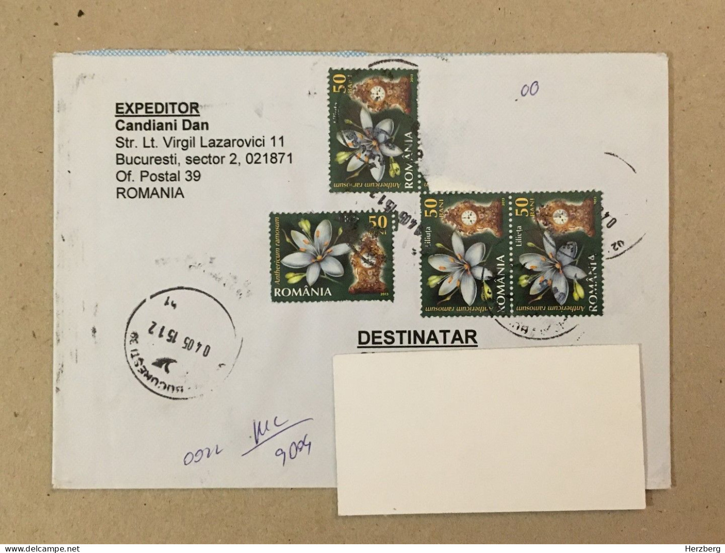 Romania Stationery Circulated Letter Philatelic Cover Stamp Registered Flowers Fleurs Blumen Mantel Clock 2015 - Autres & Non Classés