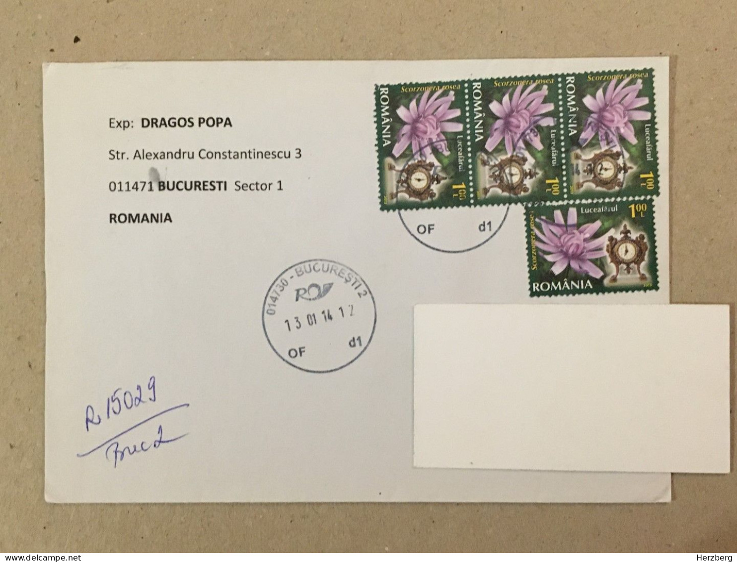 Romania Stationery Circulated Letter Philatelic Cover Stamp Registered Flowers Fleurs Blumen Mantel Clock 2014 - Sonstige & Ohne Zuordnung