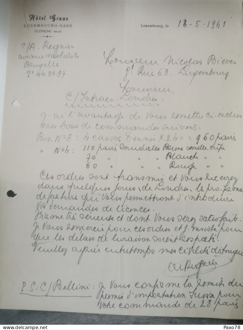 Facture Luxembourg, Lettre Hôtel Graas 1948. Signé - Luxemburg