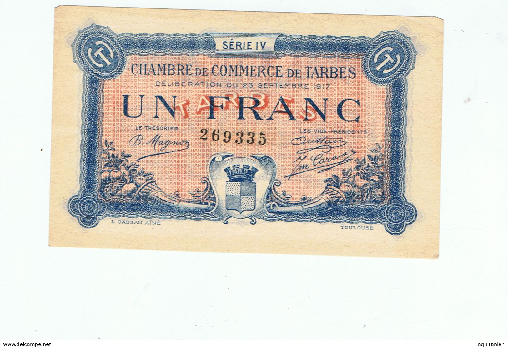 CC De Tarbes-un Franc-1917-série 4 - Chambre De Commerce