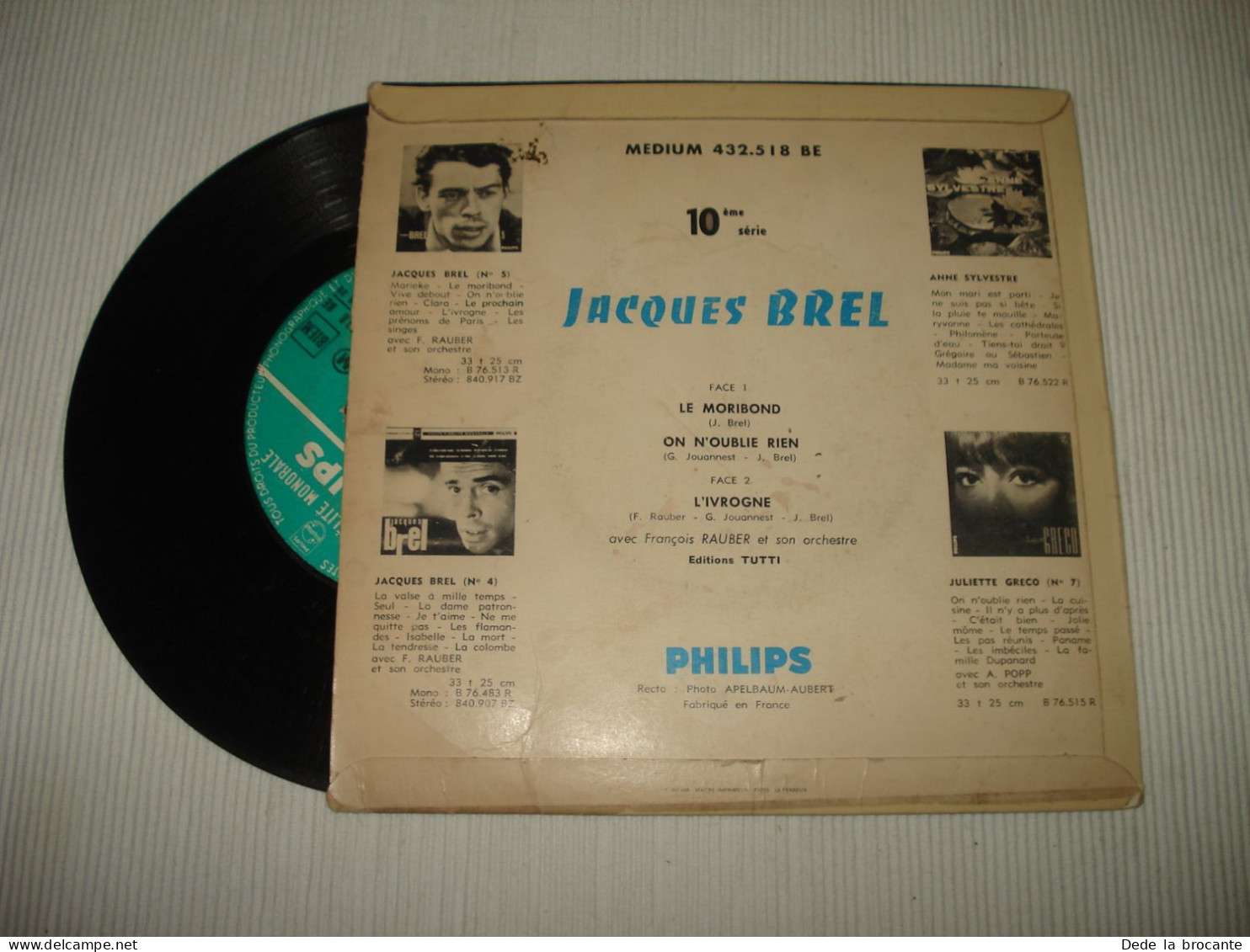 B13 / Jacques Brel – Le Moribond - EP – Philips – 432.518 - Fr 1961  VG+/VG+ - Speciale Formaten