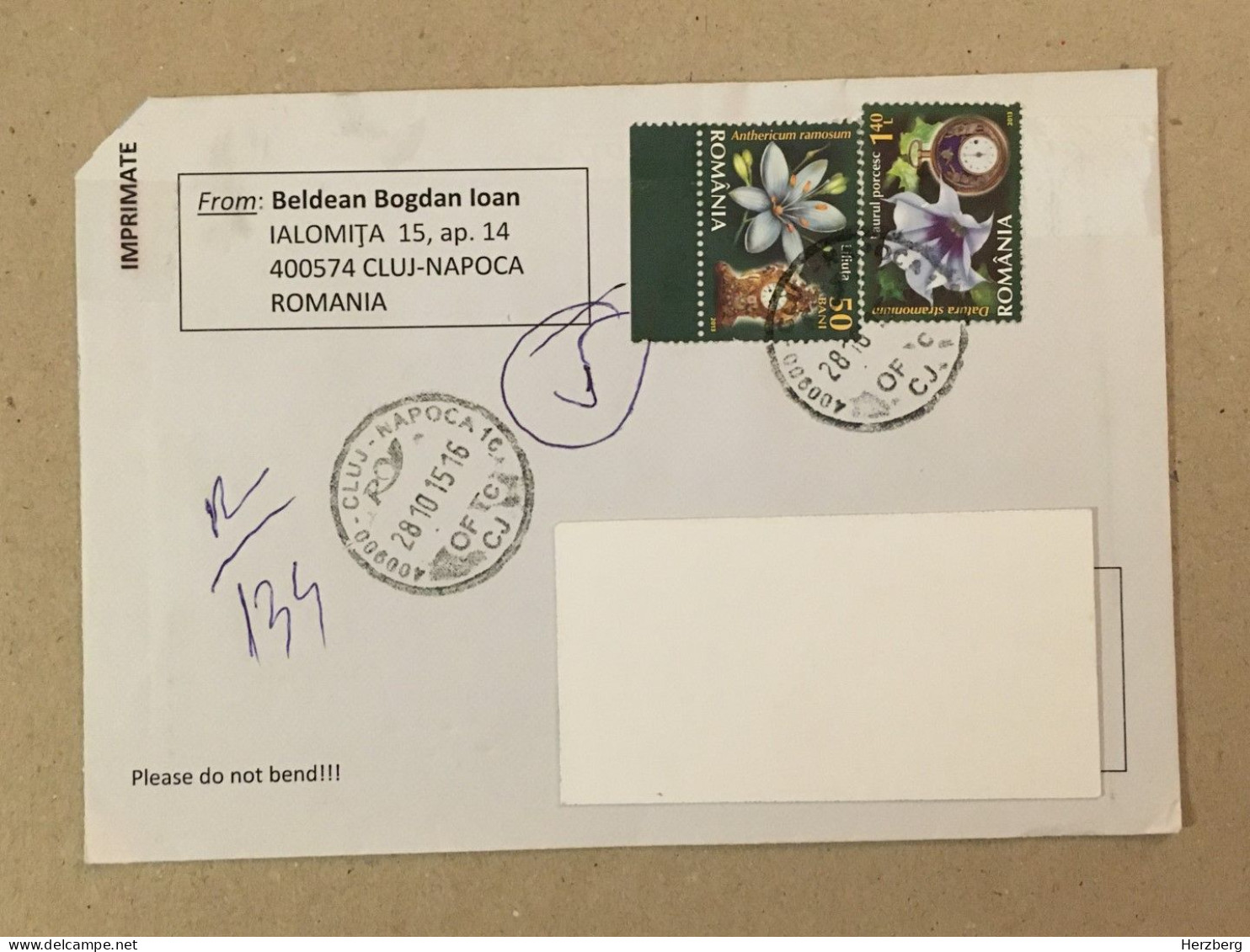 Romania Stationery Circulated Letter Philatelic Cover Stamp Registered Flowers Fleurs Blumen Mantel Clock 2015 - Autres & Non Classés