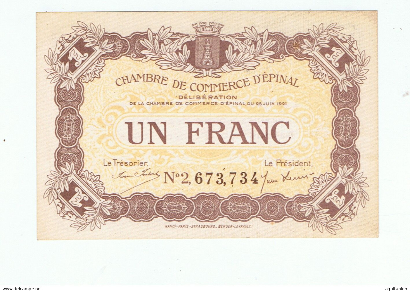 CC D'épinal-un Franc-1921 - Chambre De Commerce