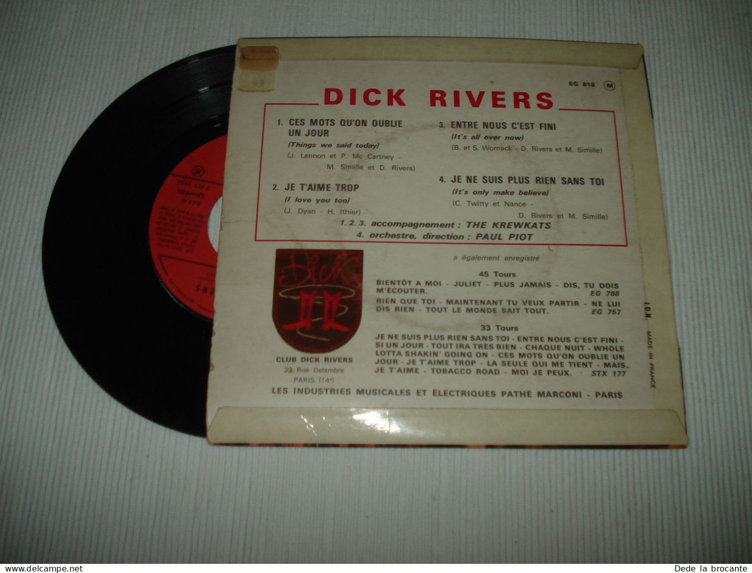 B13 / Dick Rivers – Dick - EP – 	Pathé – EG 818 - Fr 1964  VG+/EX - Formatos Especiales