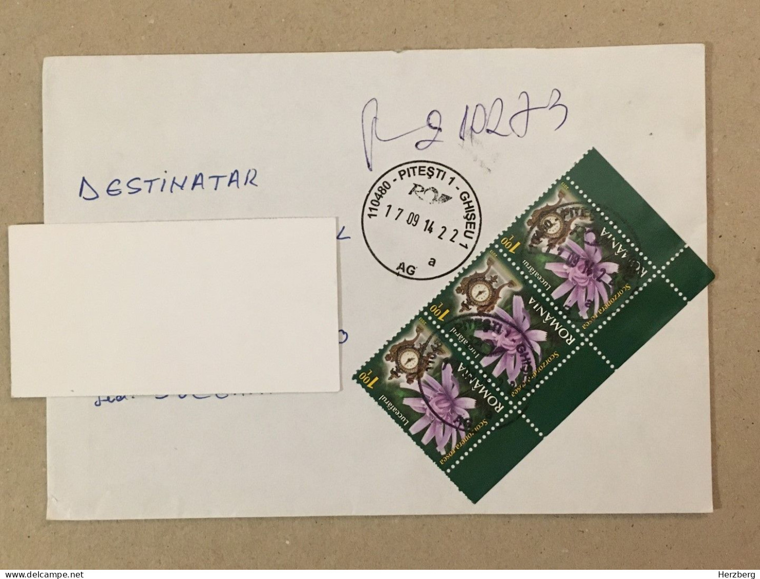 Romania Stationery Circulated Letter Philatelic Cover Stamp Registered Flowers Fleurs Blumen Mantel Clock 2014 - Sonstige & Ohne Zuordnung