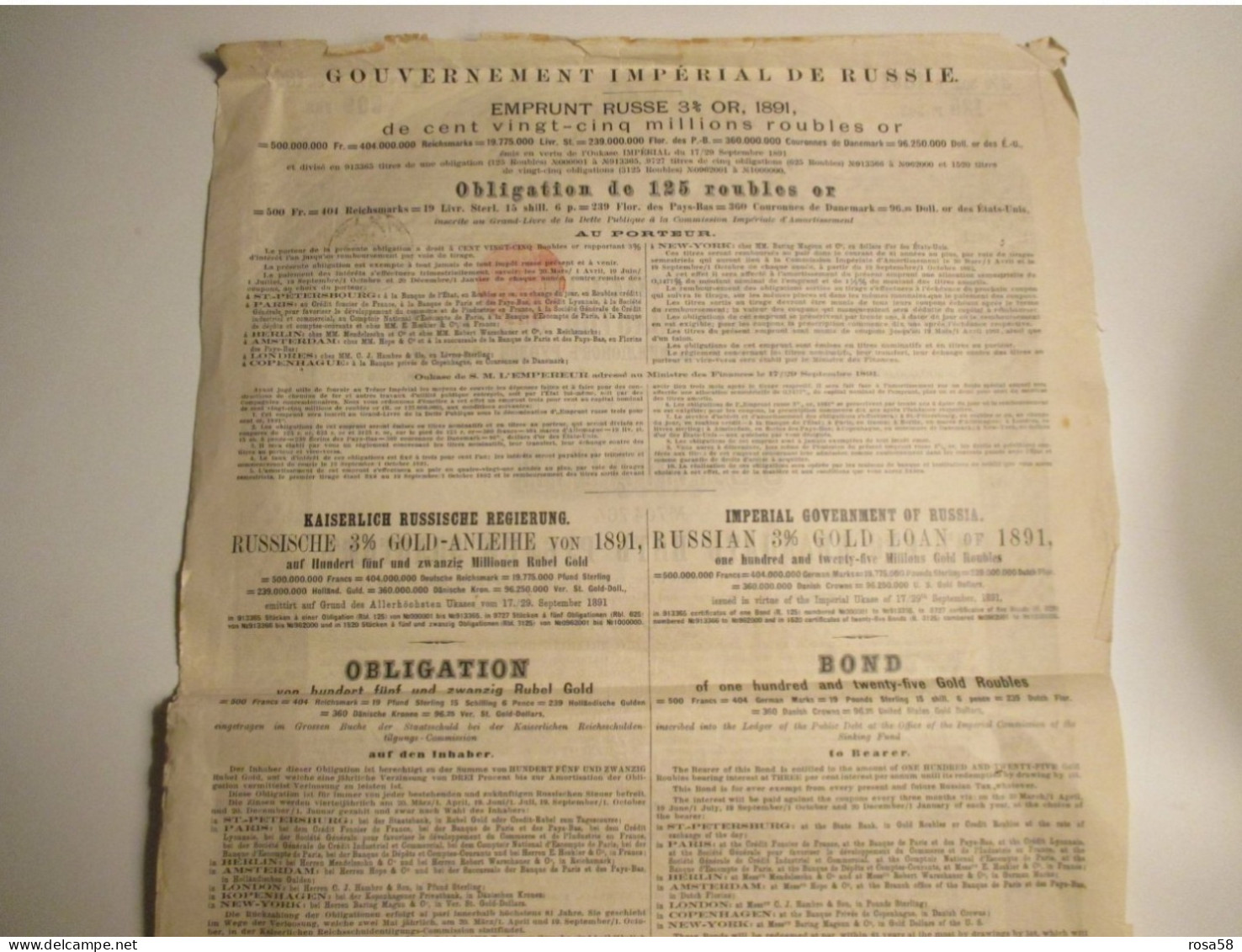 1891 Titolo Russo 500 FRS Empr.3% Timbro TITOLI ESTERI Napoli 1% + Timbro Tassa 75 C.OBBLIGAZIONI - Russie