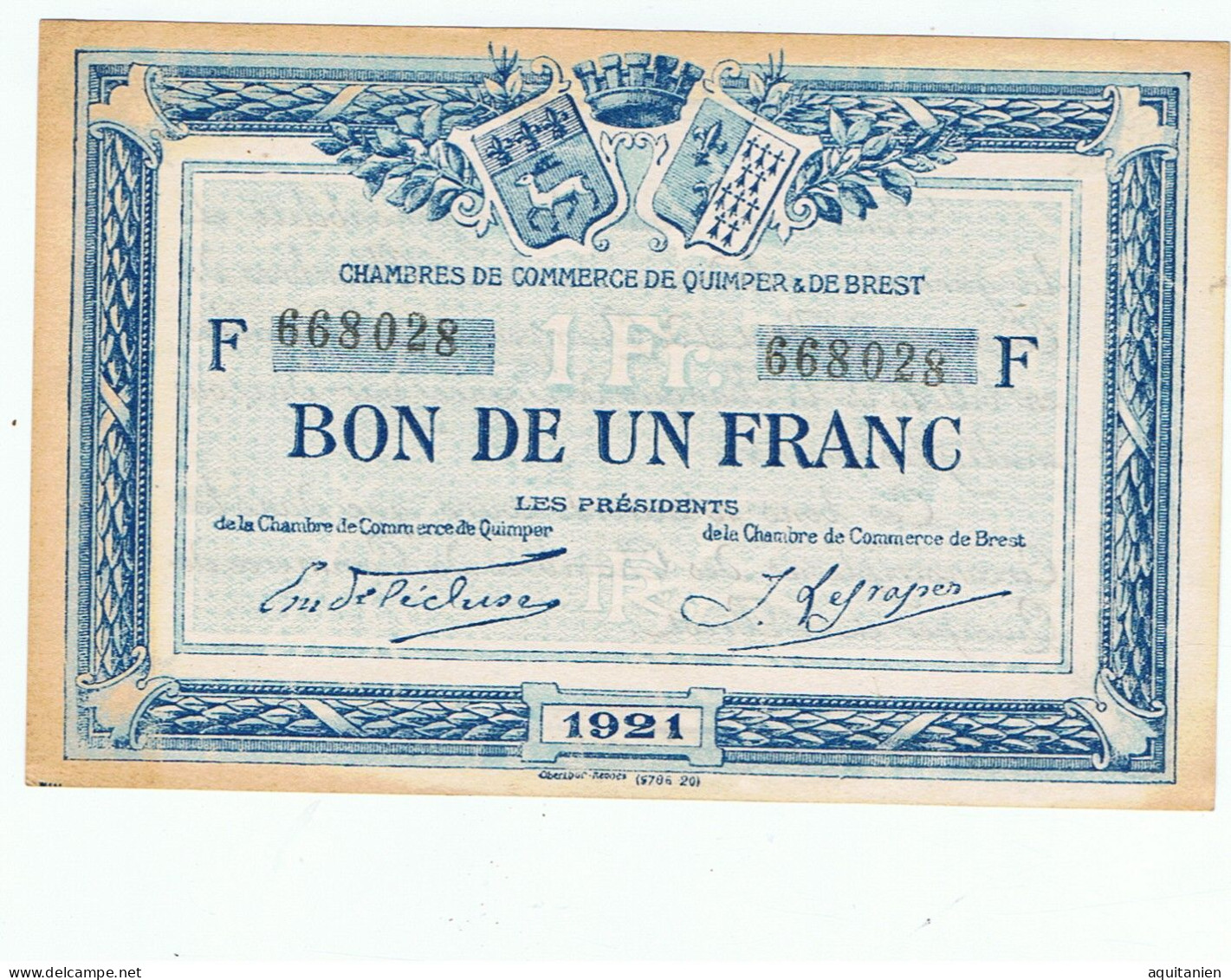 CC De Quimper&Brest-un Franc-1921 - Chambre De Commerce