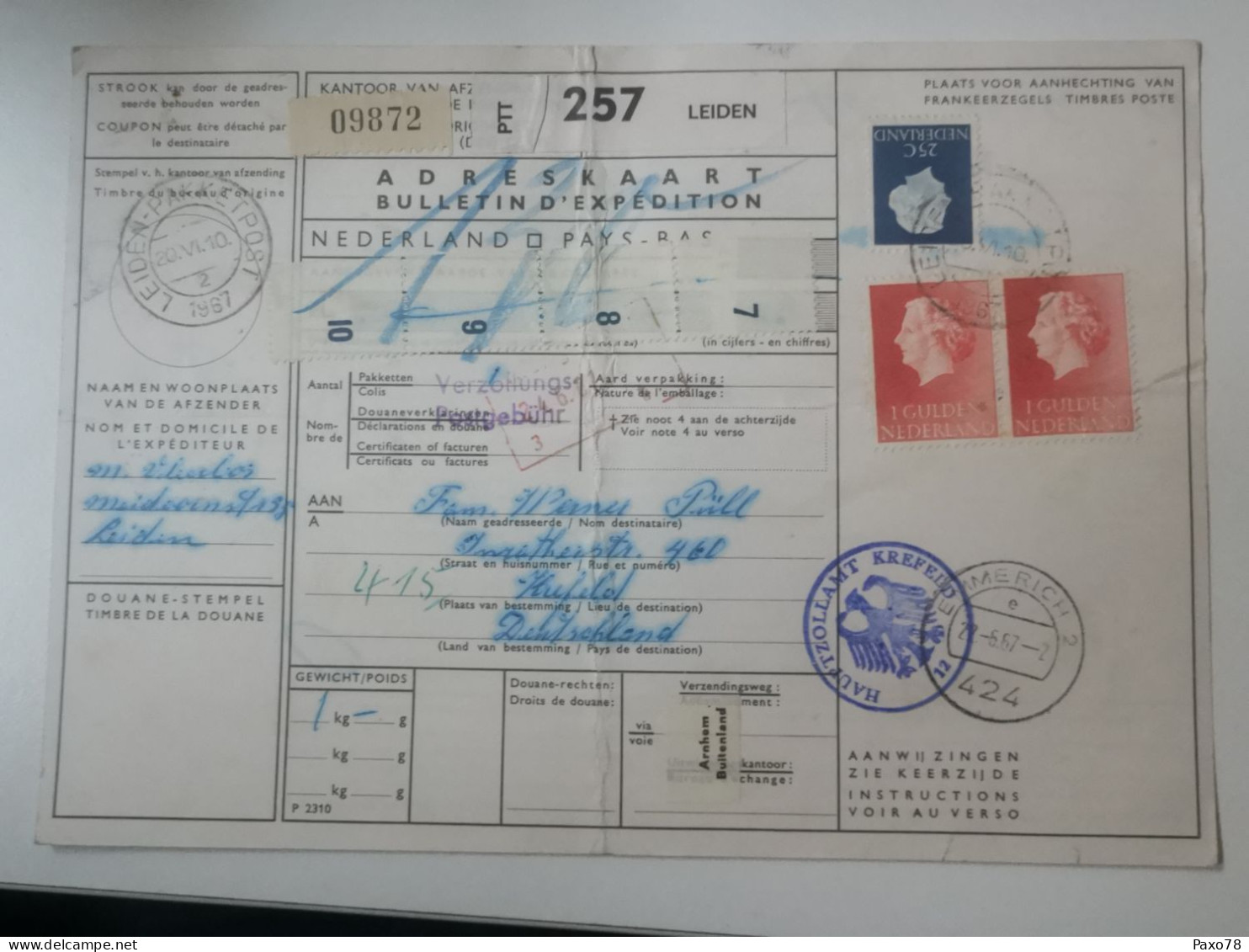 Adreskaart, Oblitéré Leiden , Krefeld 1967 - Cartas & Documentos