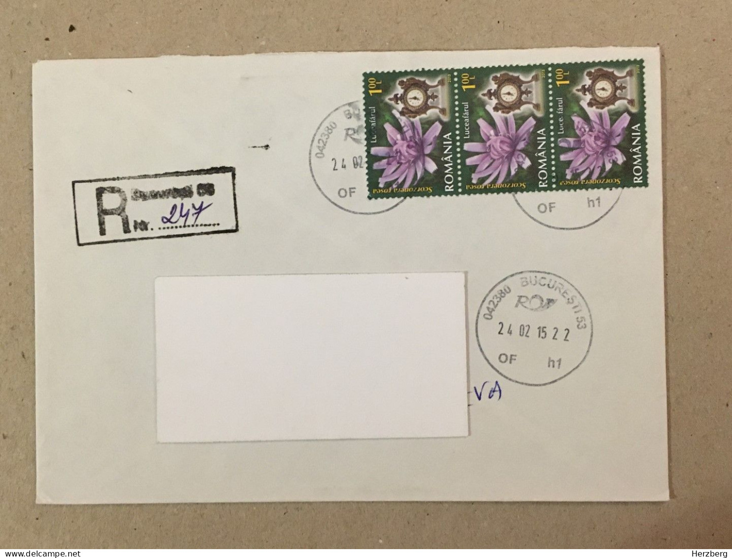 Romania Stationery Circulated Letter Philatelic Cover Stamp Registered Flowers Fleurs Mantel Clock 2015 - Sonstige & Ohne Zuordnung