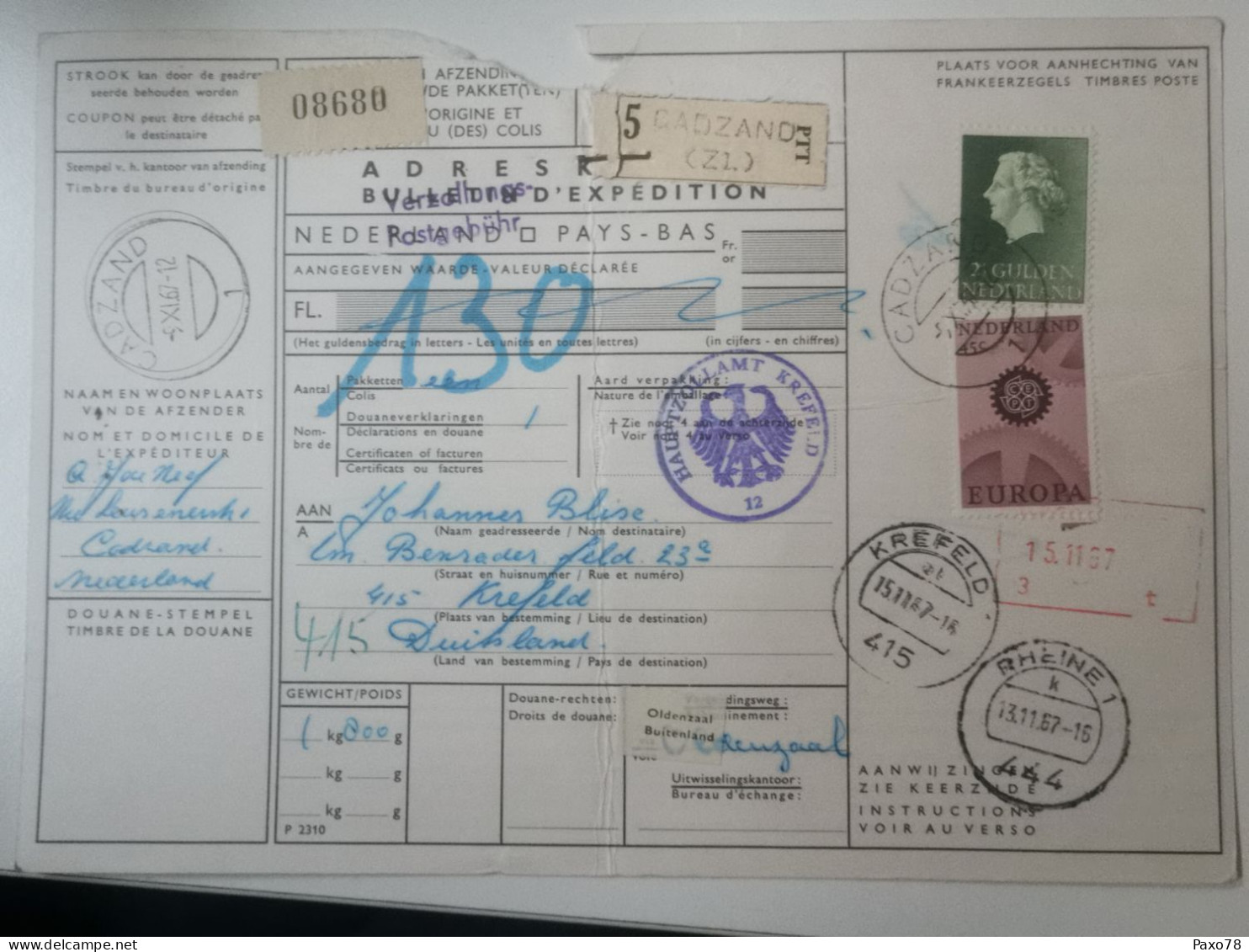 Adreskaart, Oblitéré Cadzand , Krefeld 1967 - Lettres & Documents