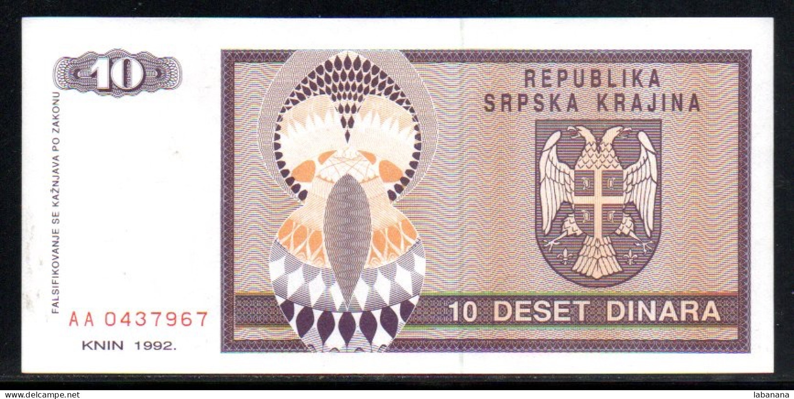 509-Bosnie-Herzegovine Serbie 10 Dinara 1992 AA043 - Bosnia And Herzegovina