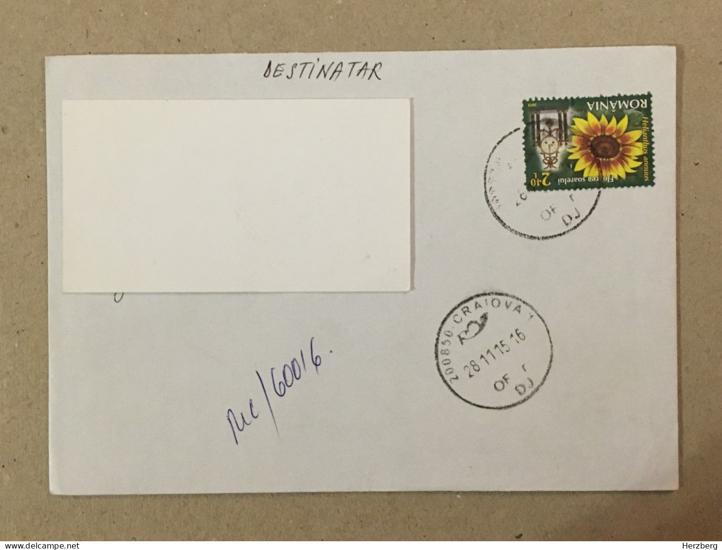 Romania Stationery Circulated Letter Philatelic Cover Stamp Registered Flowers Fleurs Mantel Clock 2015 - Autres & Non Classés