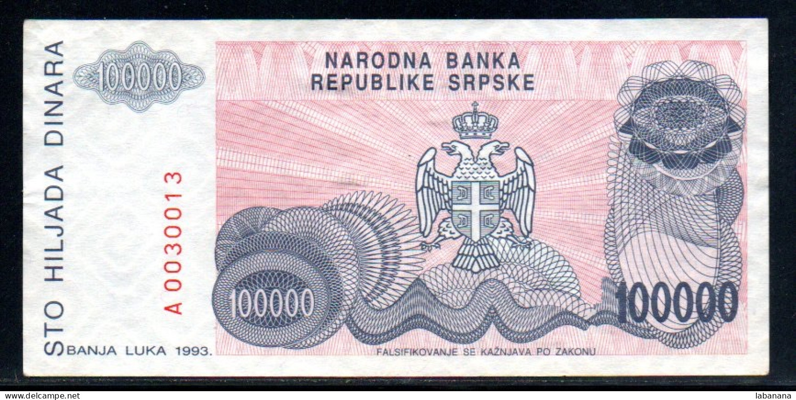 509-Bosnie-Herzegovine Serbie 100 000 Dinara 1993 A003 - Bosnia And Herzegovina
