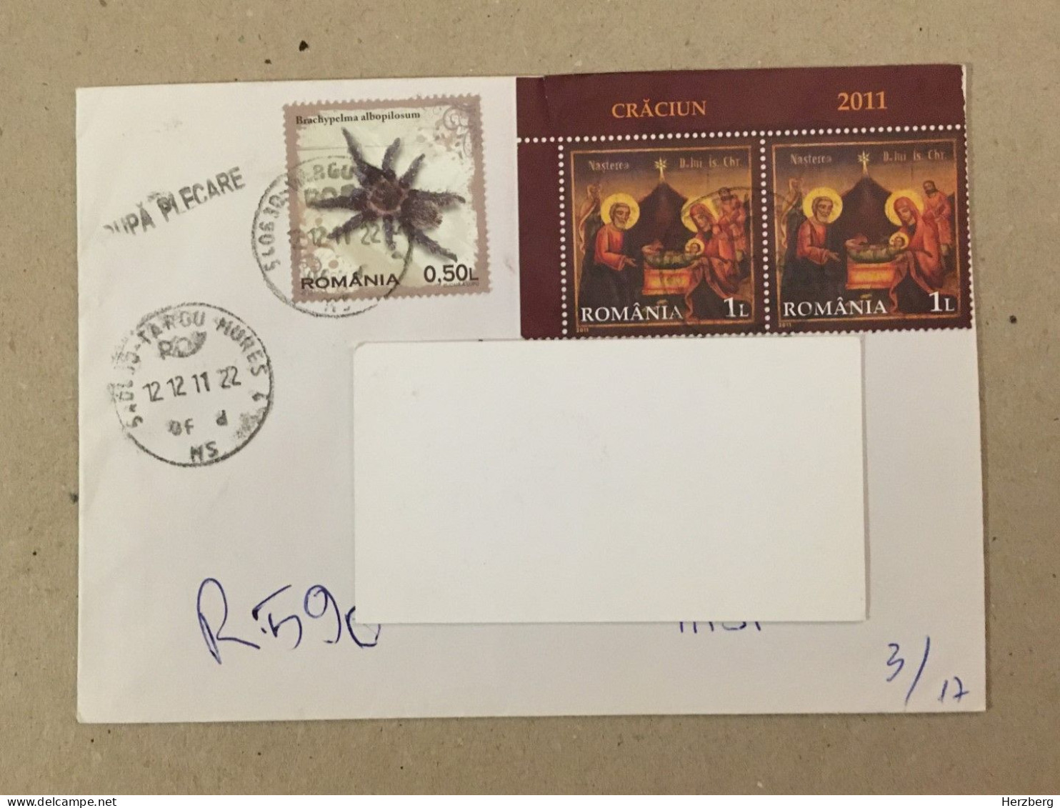 Romania Stationery Circulated Letter Philatelic Cover Stamp Registered Christmas Weihnachtskrippe Spider 2011 - Autres & Non Classés