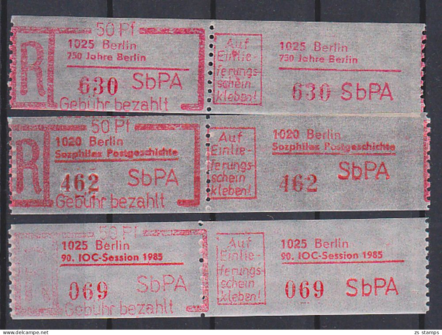 Berlin SbPA ** 750 Jahre, Sozphilex Postgeschichte,  90. IOC-Session 1985 - Etiquetas De Certificado