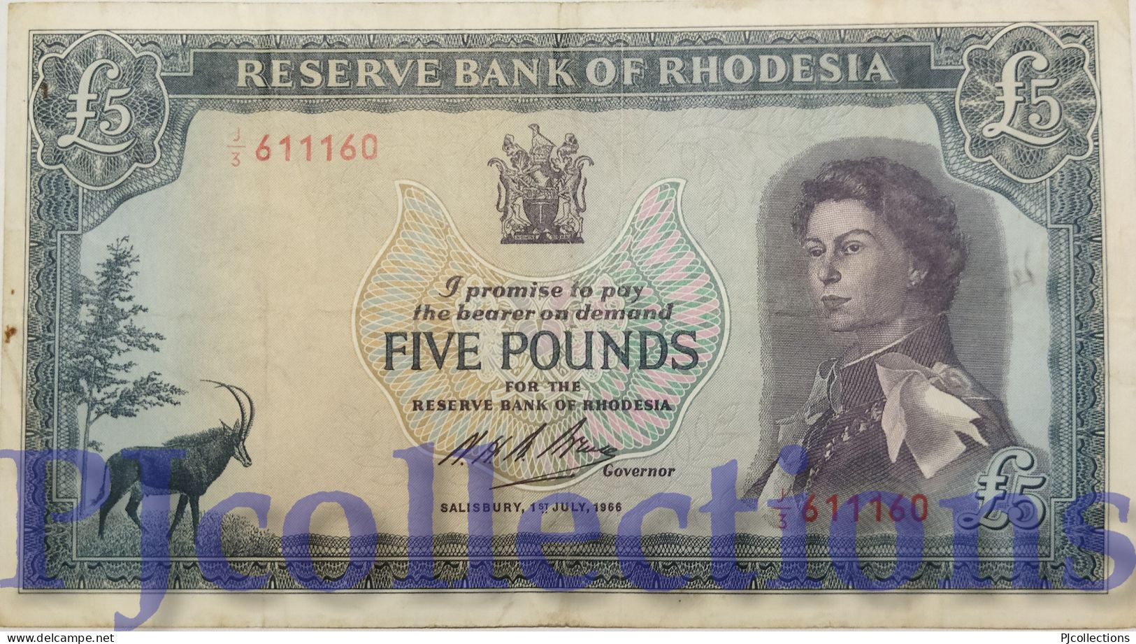 RHODESIA 5 POUND 1966 PICK 29a VF+ RARE - Rhodesia