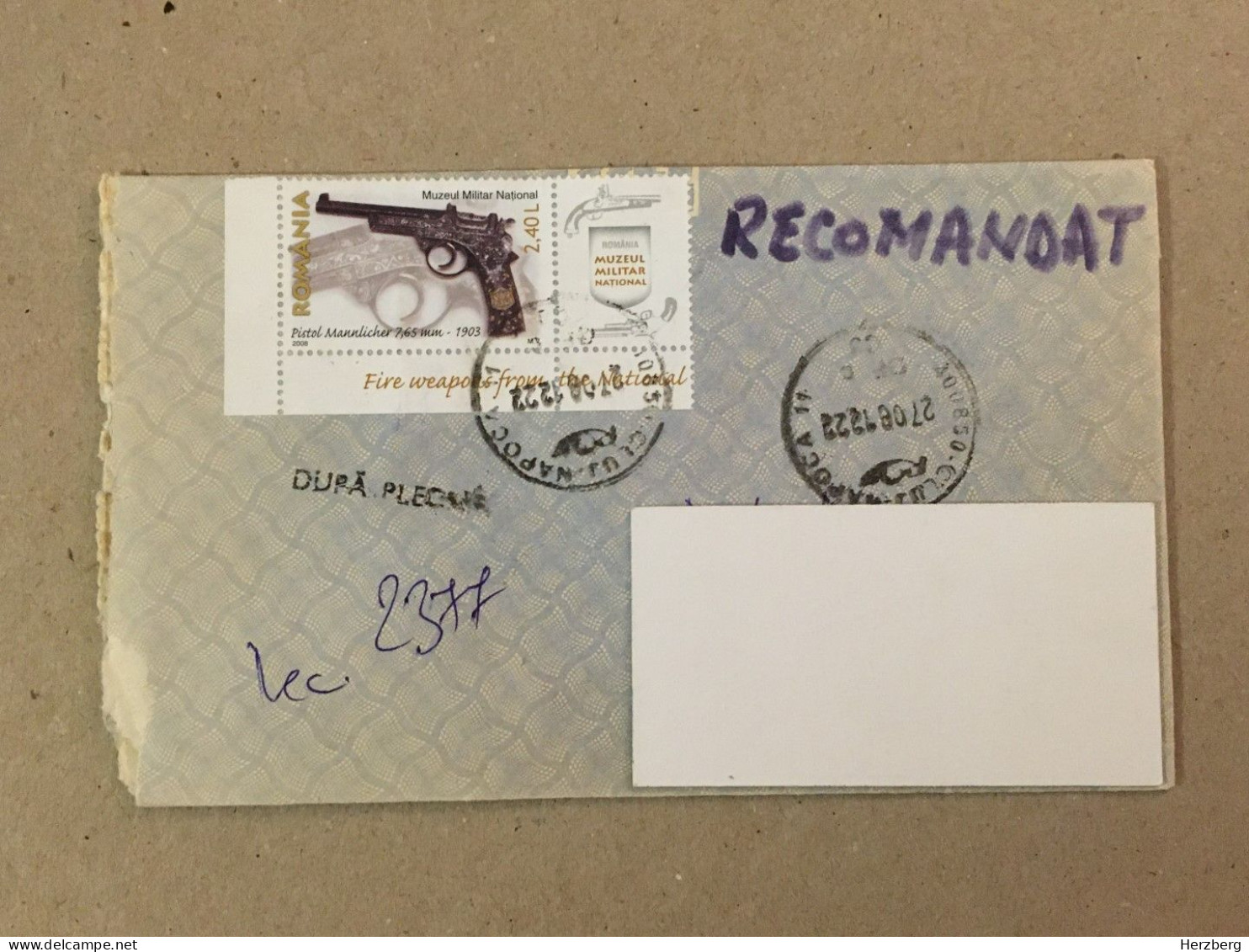 Romania Stationery Circulated Letter Philatelic Cover Stamp Registered Fire Weapon Flintlock Gun Military Museum 2012 - Otros & Sin Clasificación