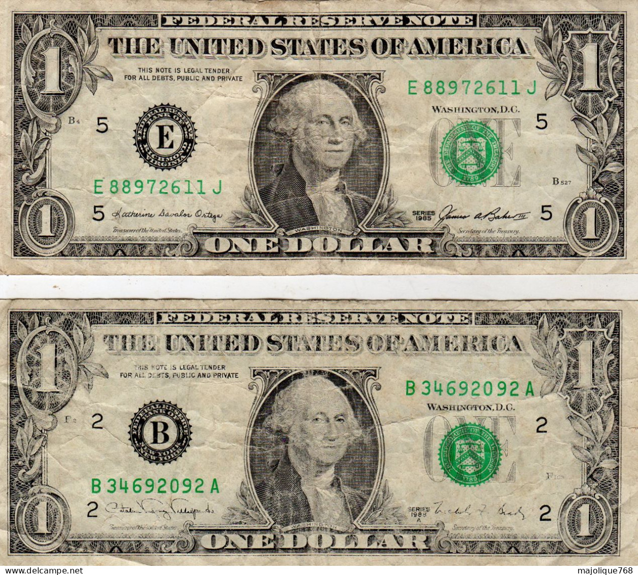 2 Billets Des Etats-Unis  Billet De 1 Dollar Année 1988 A "B  Et Dollar Année 1985 - Sets & Sammlungen