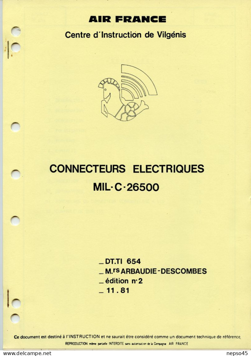 Brochure.Air France.technique Aviation.Avion.Centre D'Instruction Vilgénis Connecteurs électriques MIL 654. - Manuals