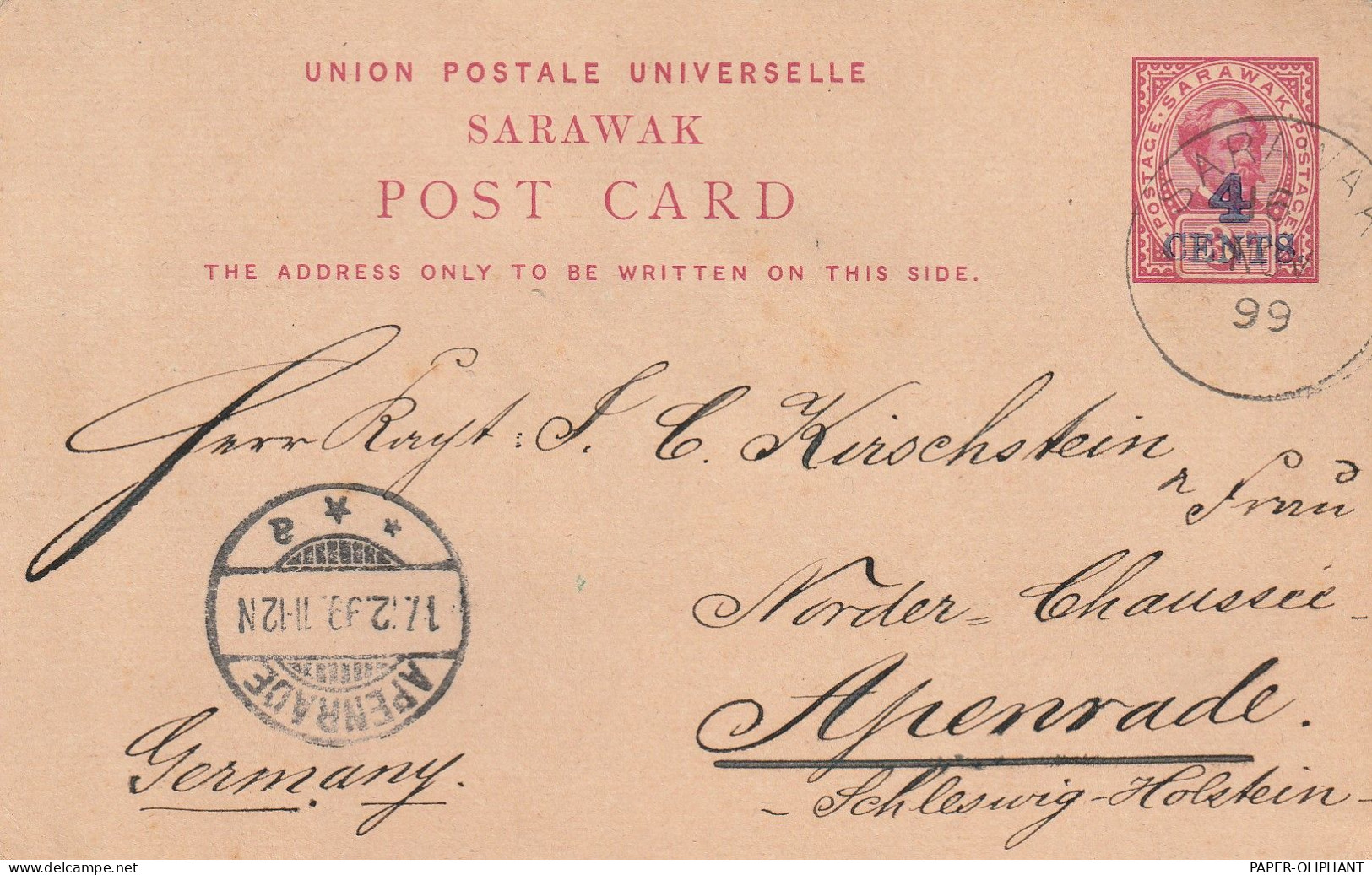 SARAWAK - 1899, Postal Stationery 3c Overprinted 4c, Sarawak - Apenrade - Sarawak (...-1963)