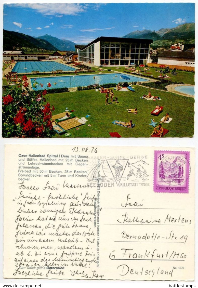 Austria 1976 Postcard Ozon-Hallenbad Spittal / Drau - Swimming Pools; 4s. Almsee Stamp: Seeboden Slogan Cancel - Spittal An Der Drau