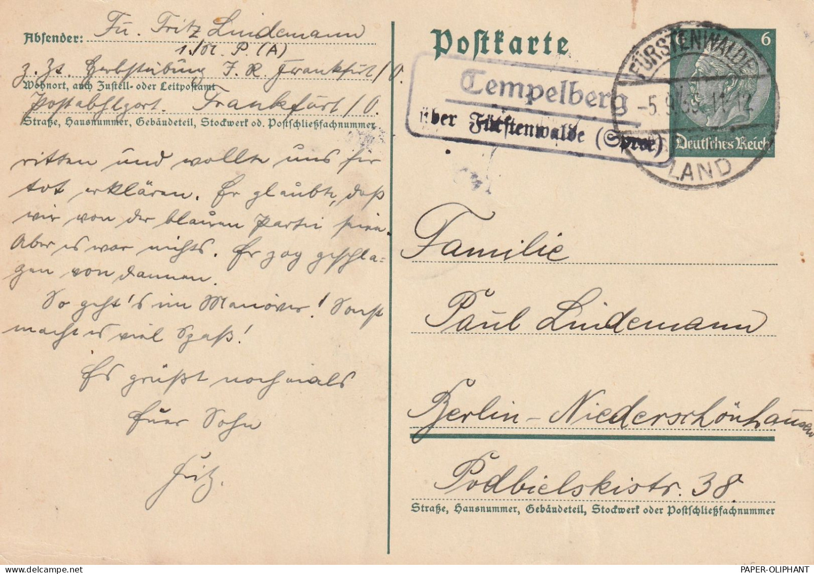 0-1241 STEINHÖFEL - TEMPELBERG, Postgeschichte, Landpoststempel "Tempelberg über Fürstenwalde", 1935 - Beeskow