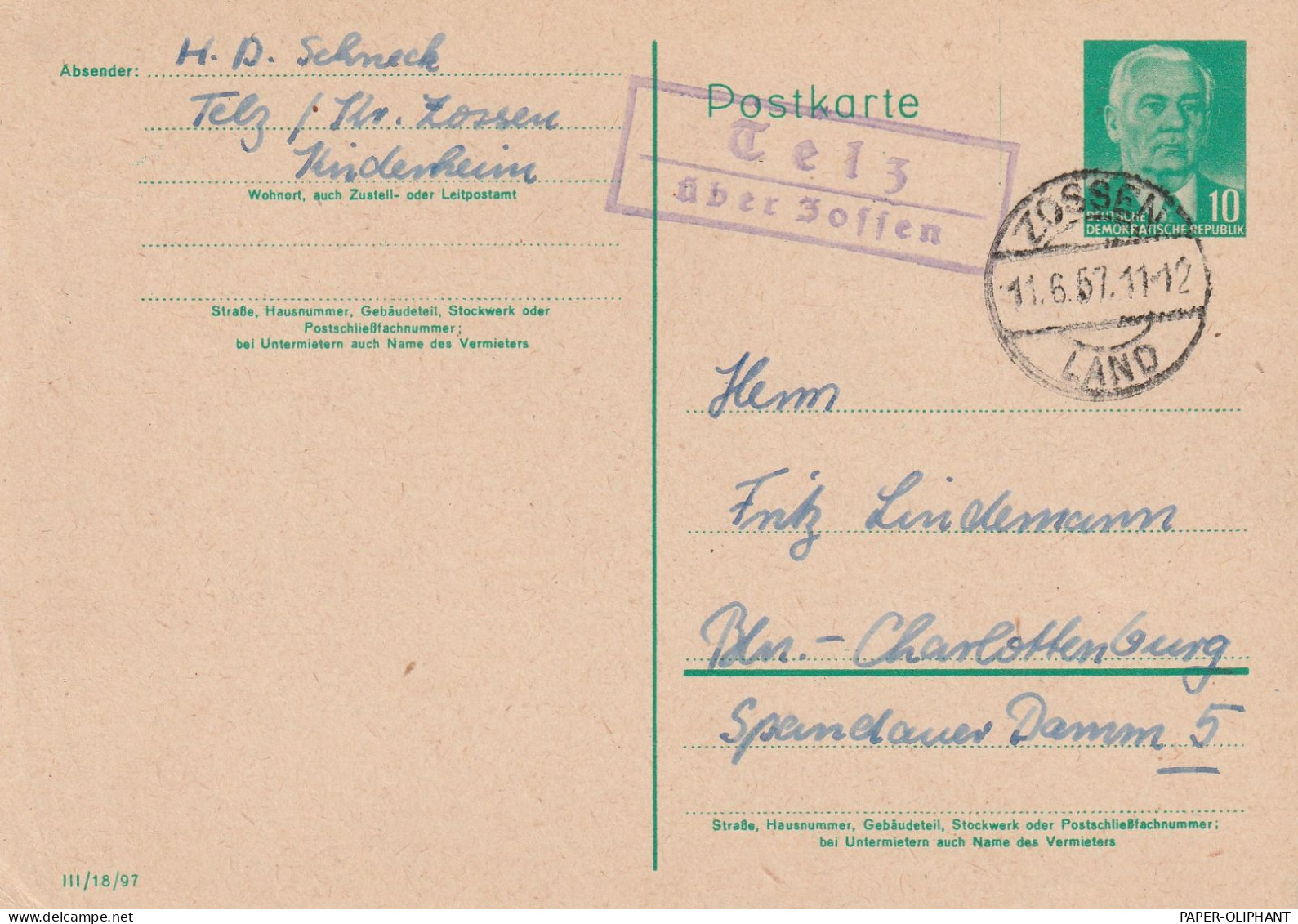 0-1606 MITTENWALDE - TELZ, Postgeschichte, Landpoststempel "Telz über Zossen", 1957 - Mittenwalde