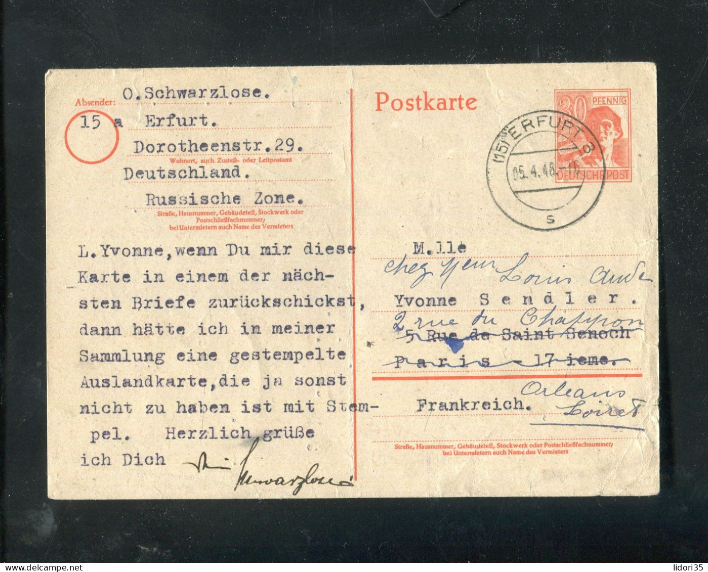 "ALL. BESETZUNG" 1948, Postkarte Mi. P 963 Stegstempel "ERFURT" Nach Frankreich, Nachsendung (70061) - Interi Postali