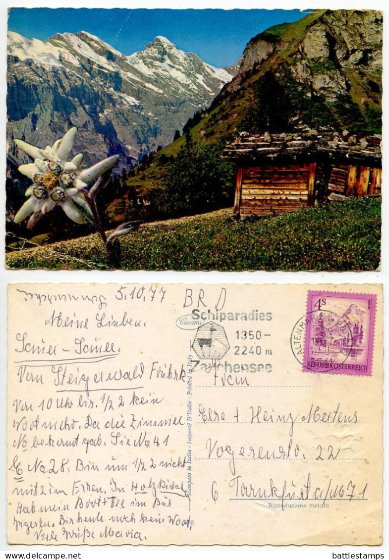 Austria 1977 Postcard Cabin In The Mountains & Flower; 4s. Almsee Stamp; Altenmarkt Im Pongau Slogan Cancel - Altenmarkt Im Pongau