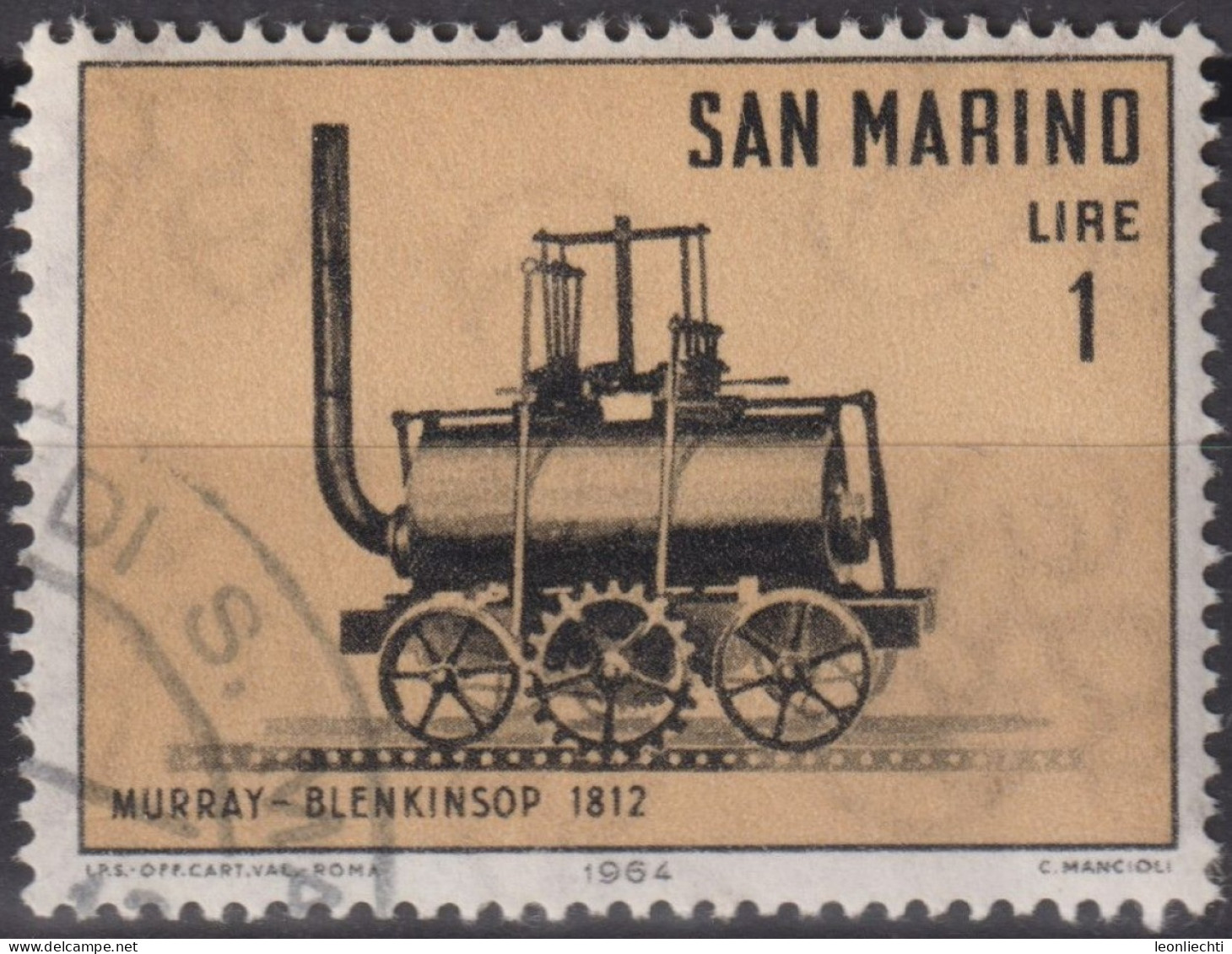 1964 San Marino ° Mi:SM 814, Sn:SM 594, Yt:SM 627, Cog-wheel Locomotive Murray-Blenkinsop (1812) - Gebruikt