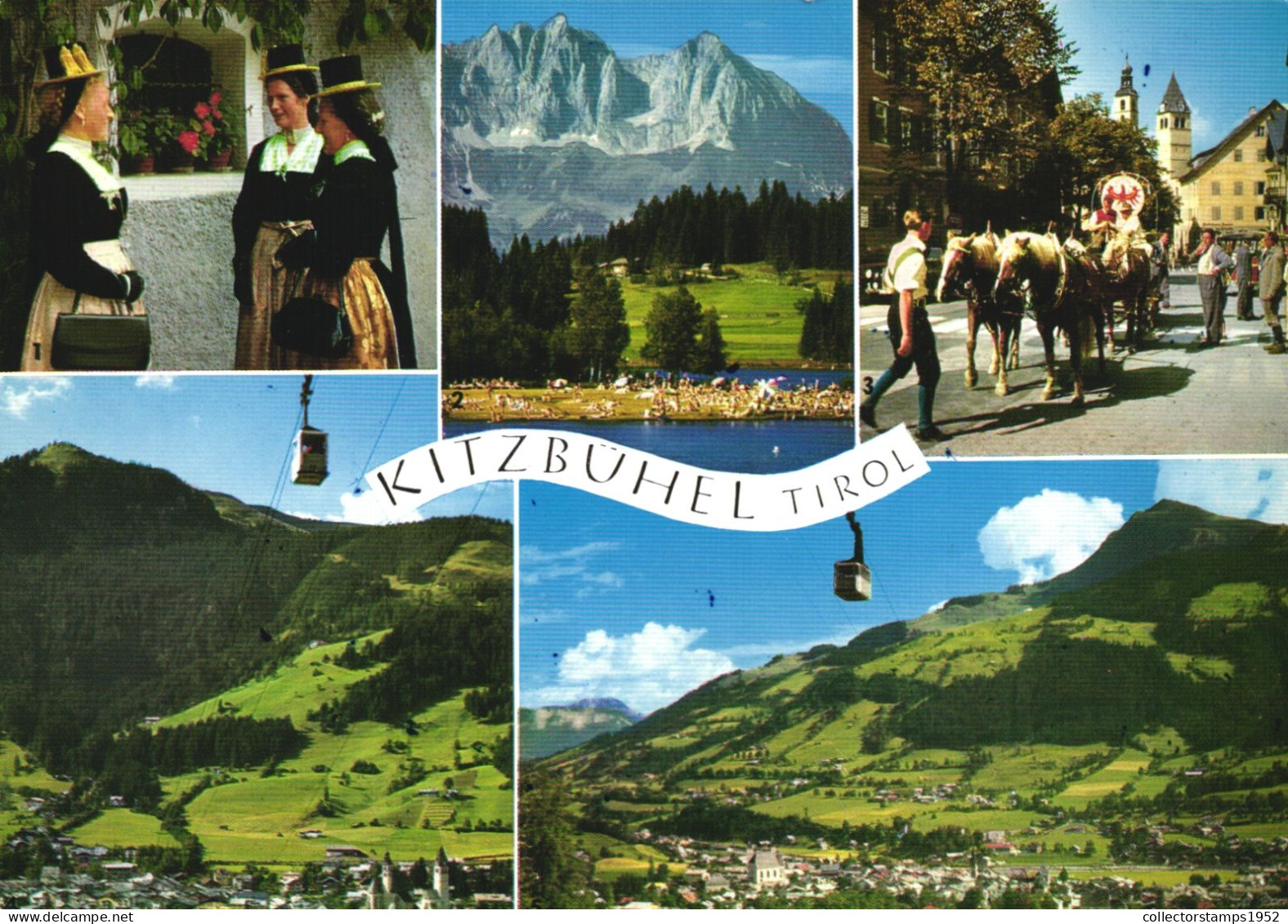 KITZBUHEL, TIROL, MULTIPLE VIEWS, ARCHITECTURE, FOLKLORE, COSTUMES, CARRIAGE, HORSE, CABLE CAR, AUSTRIA, POSTCARD - Kitzbühel