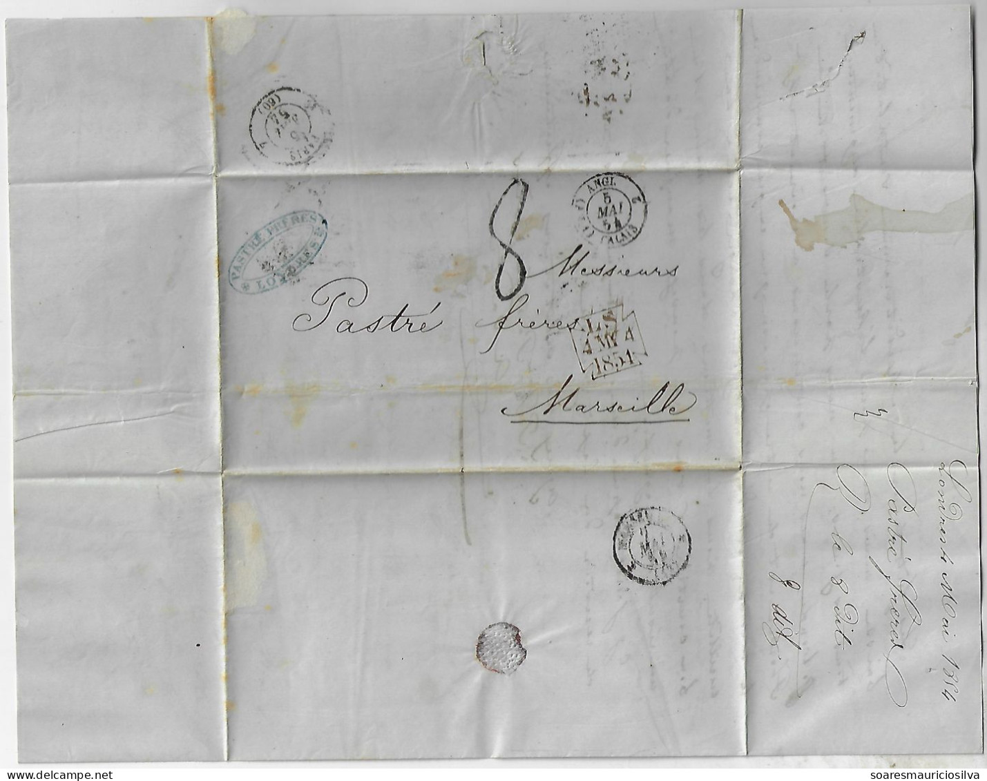 Great Britain 1854 Pastré Brothers Merchant-shipowner Fold Cover London Calais Paris Marseille France Cancel Rate 8 - Briefe U. Dokumente