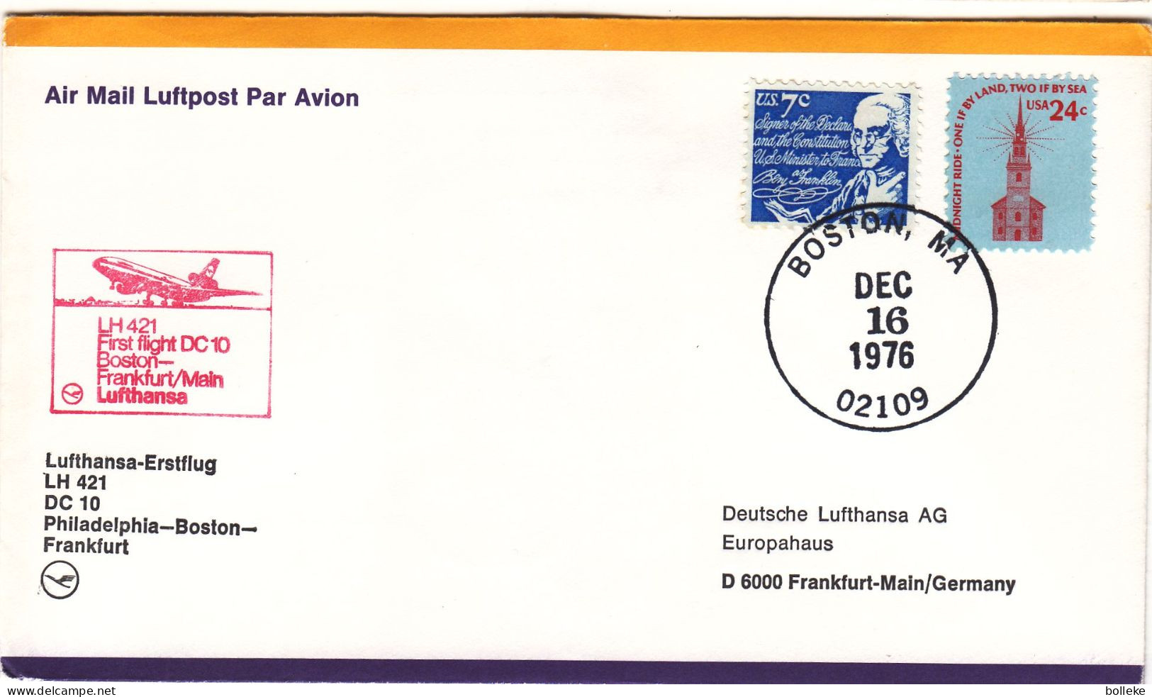 Etats Unis - Lettre De 1976 - Oblit Boston - 1er Vol Philadelphia Boston Frankfurt - - Storia Postale