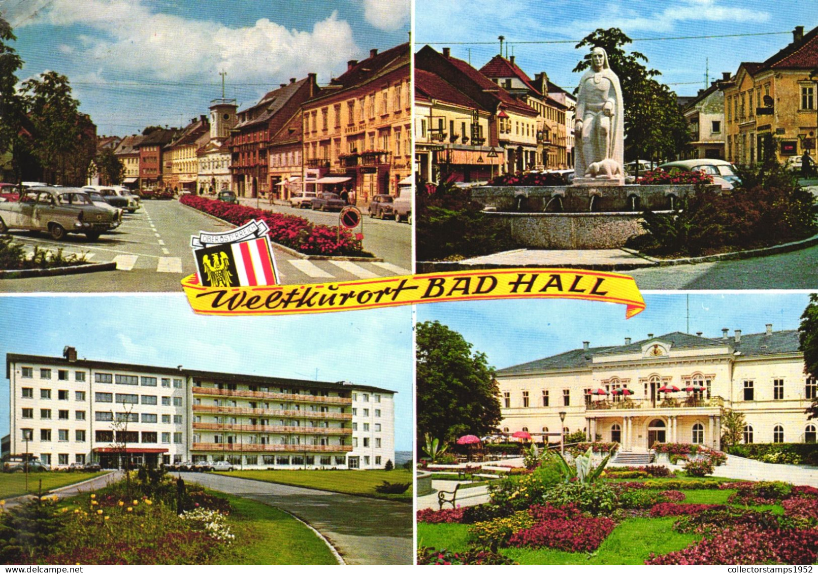 BAD HALL, MULTIPLE VIEWS, ARCHITECTURE, CAS, EMBLEM, PARK, STATUE, FOUNTAIN, AUSTRIA, POSTCARD - Bad Hall