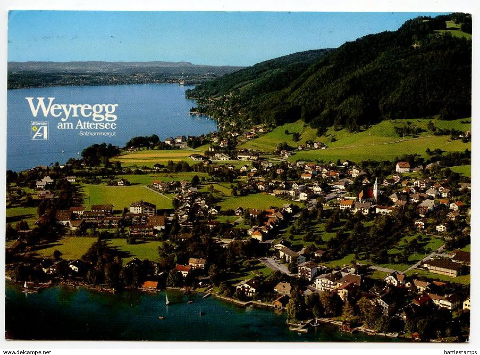 Austria 1993 Postcard Weyregg Am Attersee - Panoramic Aerial View; 6s. Stift Rein-Hohenfurth Stamp; Slogan Cancel - Vöcklabruck