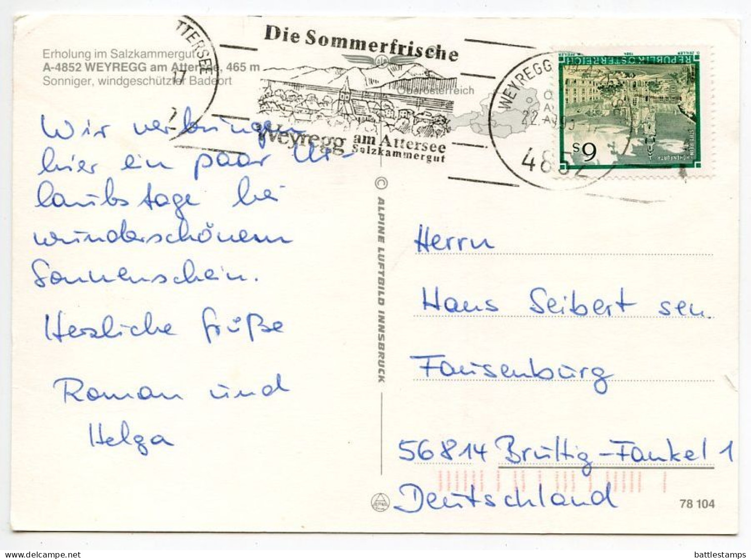 Austria 1993 Postcard Weyregg Am Attersee - Panoramic Aerial View; 6s. Stift Rein-Hohenfurth Stamp; Slogan Cancel - Vöcklabruck