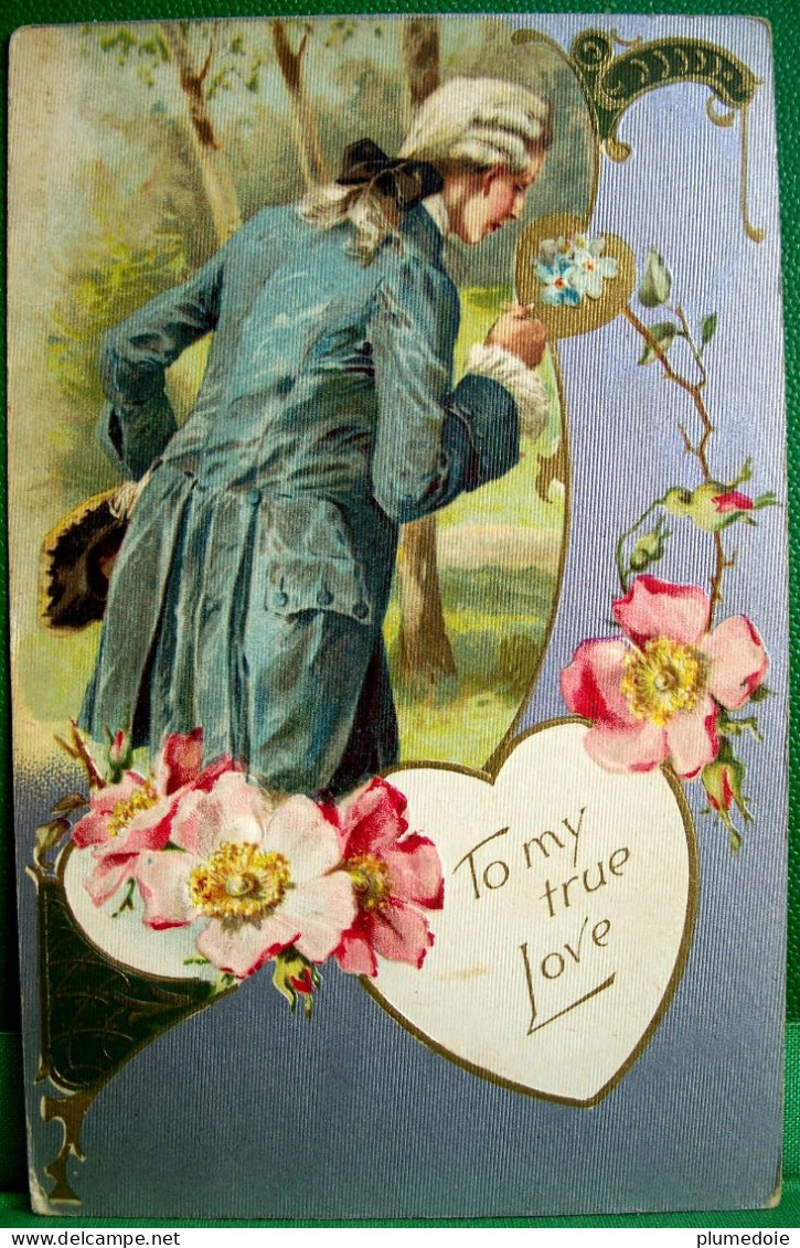 Cpa  Gaufrée GENTILHOMME , PERRUQUE ,ST VALENTIN 1908 , LORD . WIG . WILD ROSE TRUE LOVE VALENTINE  Embossed PC - Valentine's Day